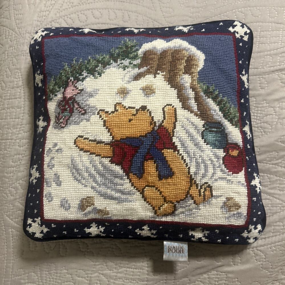 Vtg 1995 Classic Pooh Snow Angel Christmas Throw Pillow Navy Needlepoint Piglet